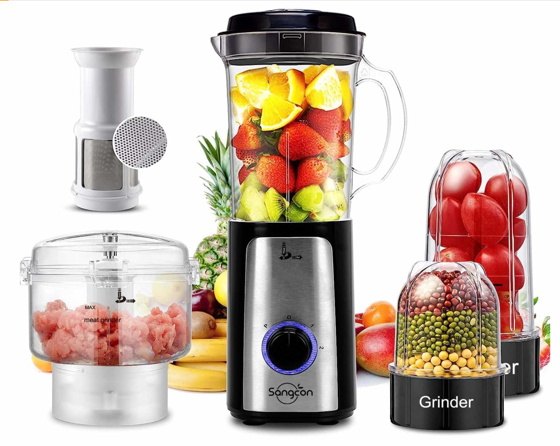 Sangcon 5 in 1 Blender and Food Processor Combo for Kitchen, Small Electric Food Chopper for Meat and Vegetable, 350W High Speed Blenders with 2 Speeds 